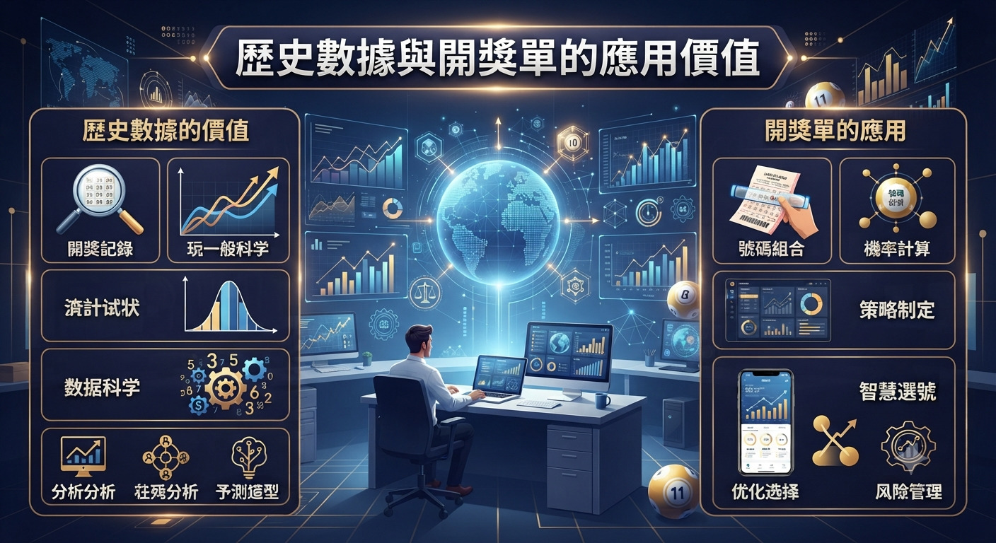 這張圖片展示了一名數據分析師在充滿圖表與數字的高科技螢幕前工作,並醒目地標示著「歷史數據與開獎單的應用價值」。 畫面巧妙融合了現代數據科學與分析技術的概念,呈現出專業且具未來感的視覺風格。