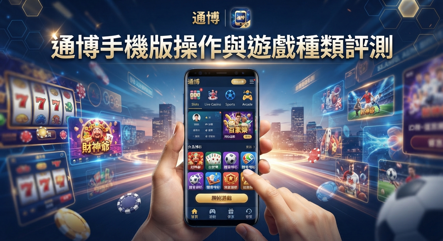 這是一張關於通博手機版操作與遊戲種類評測的主題圖片。 畫面中展示了手機介面以及豐富的遊戲元素。