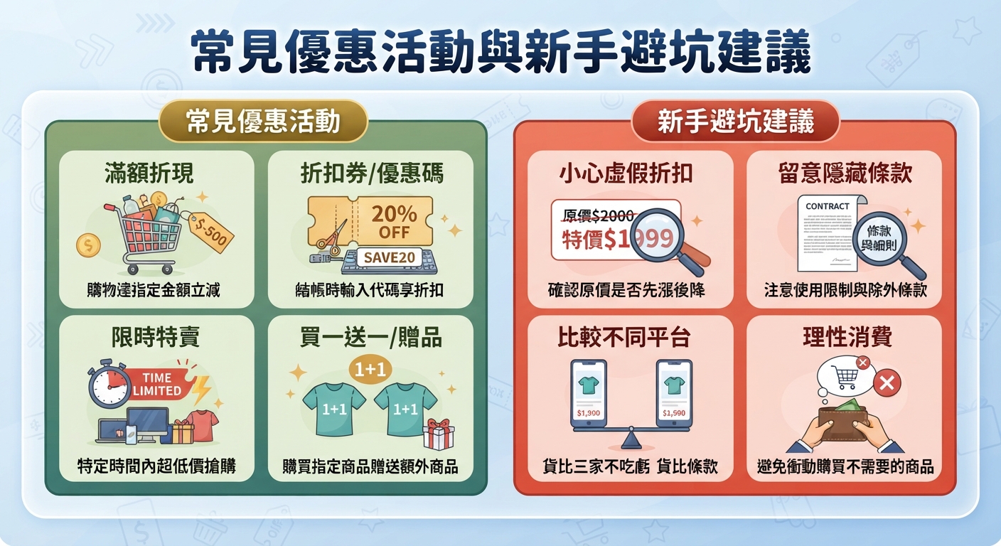 這張圖片的標題是「常見優惠活動與新手避坑建議」,並以圖文並茂的方式分兩大區塊介紹常見的購物優惠與防範消費陷阱的實用建議。